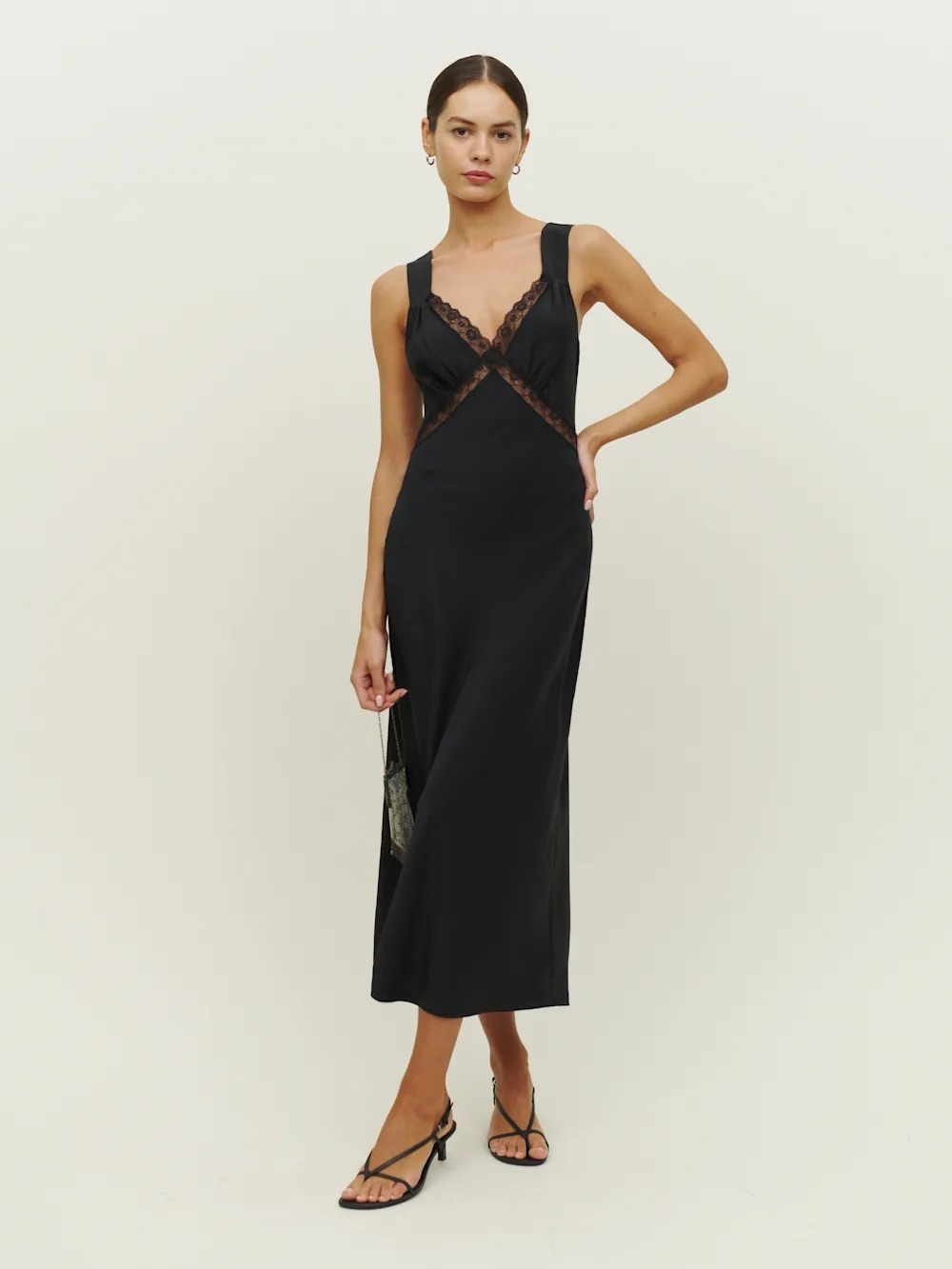 Reformation Black Lace-Trim Silk Dress